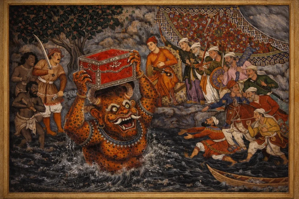 The moment when Arghan Div Brings the Chest of Armor to Hamza