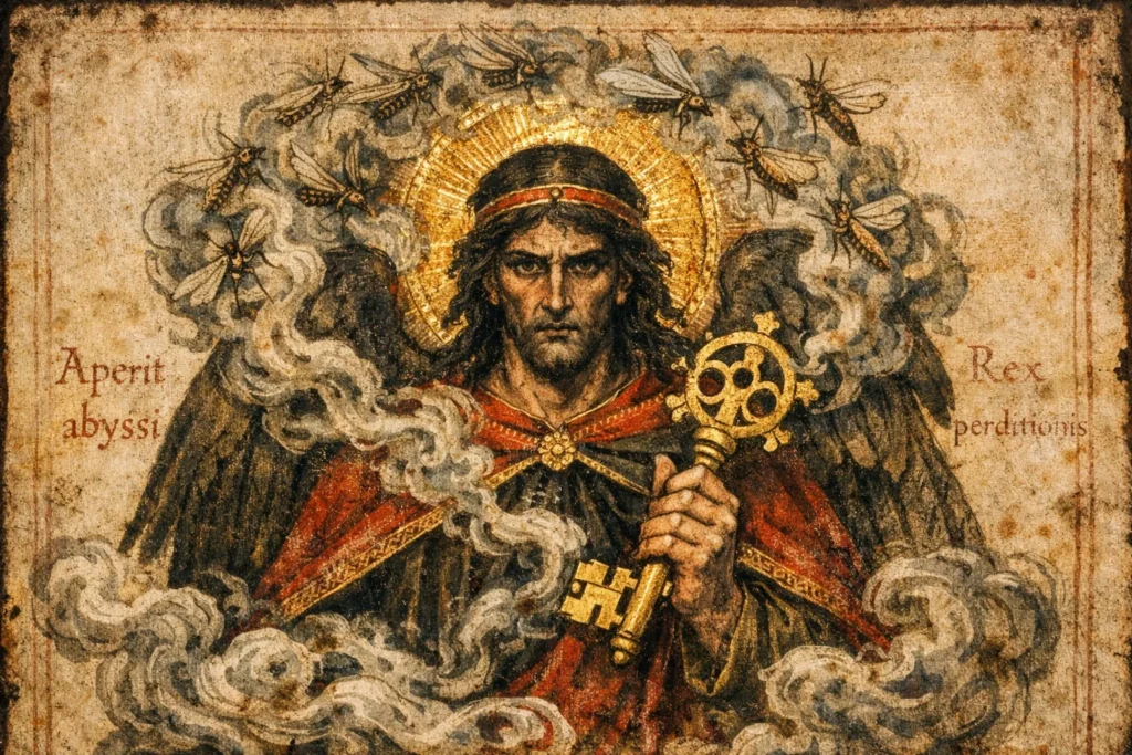 A vellum manuscript illustration of Abaddon painted in early Christian ink and mineral pigments