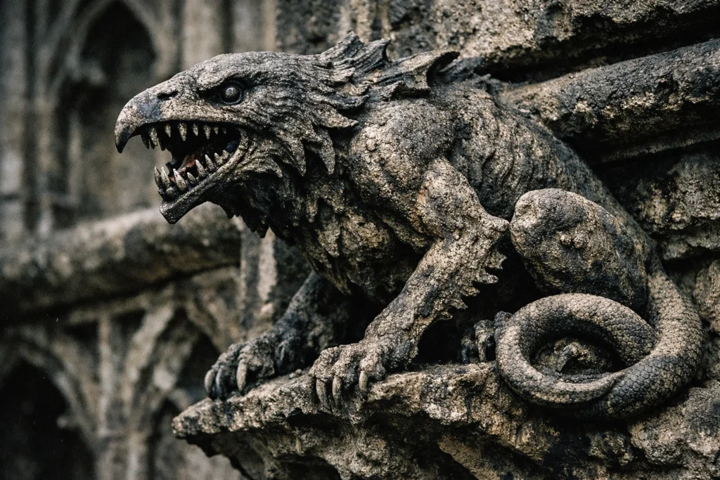 A Gothic cathedral grotesque sculpture representing the demon Aamon