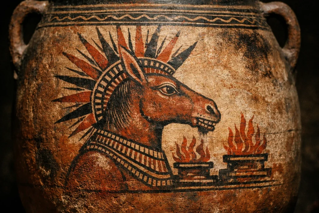 Adrammelech painted in profile on a Neo-Assyrian ceremonial clay vessel, stylized as a mule-headed deity with radiating solar crown and fire altars