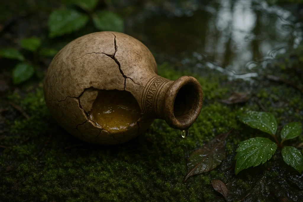Close-up of a cracked ceramic oil flask lying on moss, half-filled with congealed golden residue