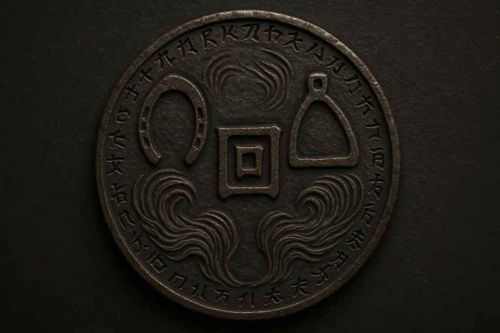a ceremonial seal etched into iron, representing the Abumi-guchi’s essence