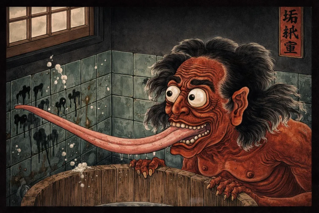 A close-up of a red Akaname with a long tongue licking dirty bathroom tiles.