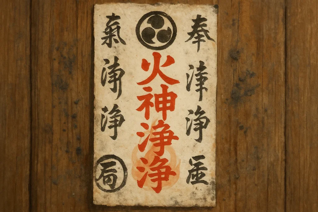 a hand-painted Shinto-style ofuda (protective charm) against the Abura-akago