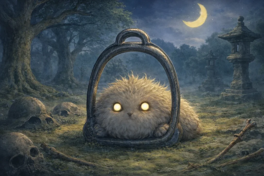 Photorealistic digital art of a glowing-eyed Abumi-guchi in a moonlit graveyard