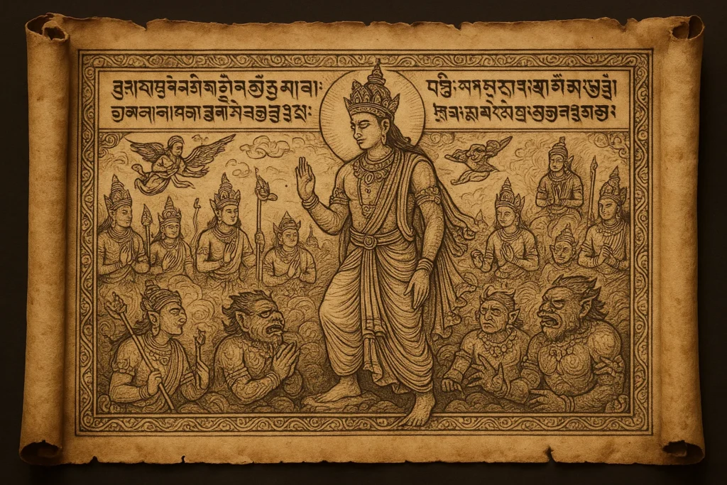 ancient Himalayan scroll painting showing Bali’s descent to Sutala