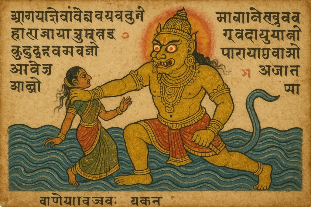 A golden-skinned giant Asura grasping a woman representing the Earth in a stormy cosmic ocean.