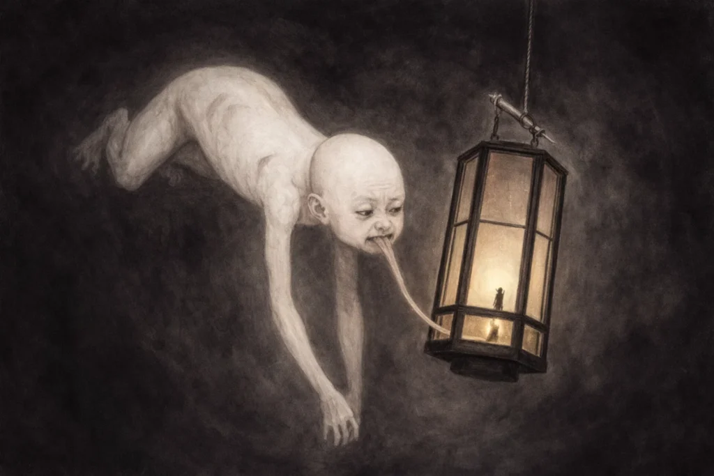 Gritty charcoal art of a pale, emaciated yōkai licking a hanging paper lantern.