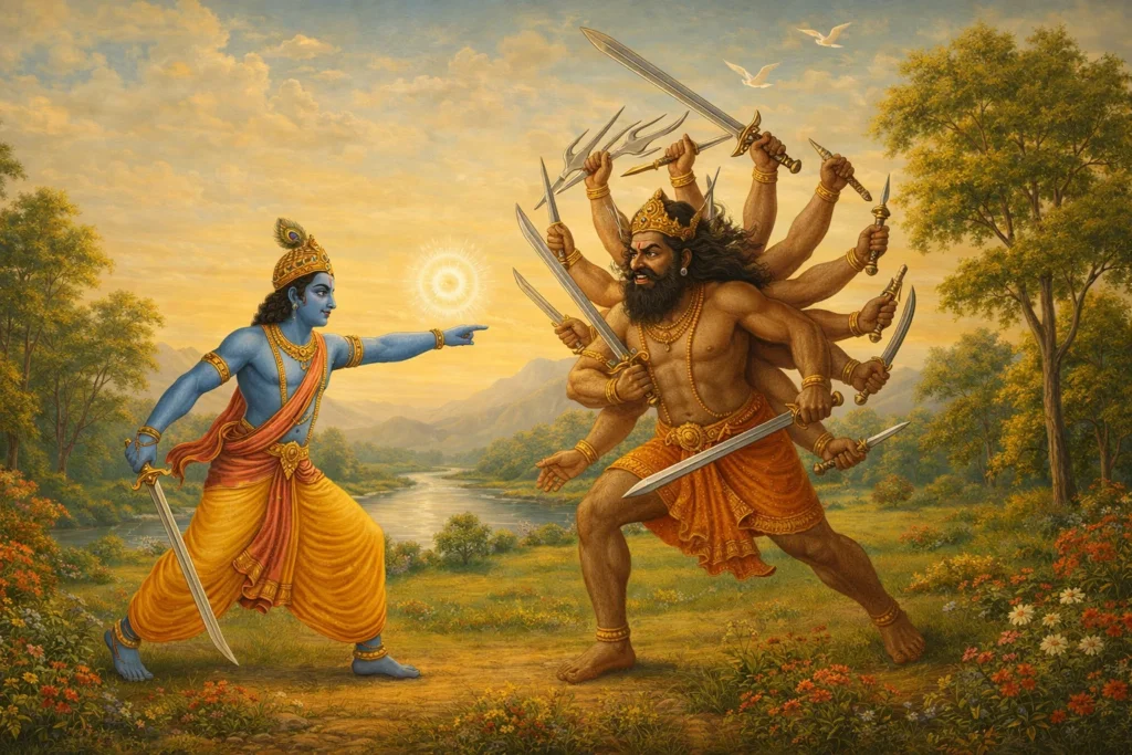 Lord Krishna pointing the Sudarshana Chakra at a thousand-armed Banasura