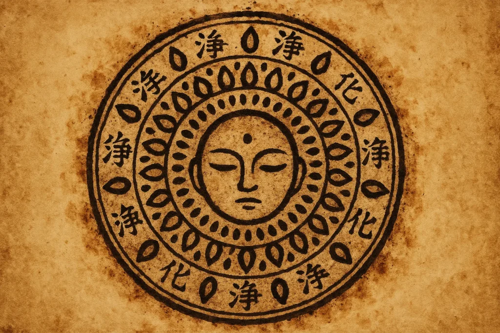 A symmetrical mandala drawn in black oil ink on parchment