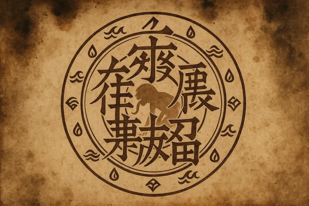 an ocult sigil composed of overlapping kanji, concentric circles, and elemental water runes