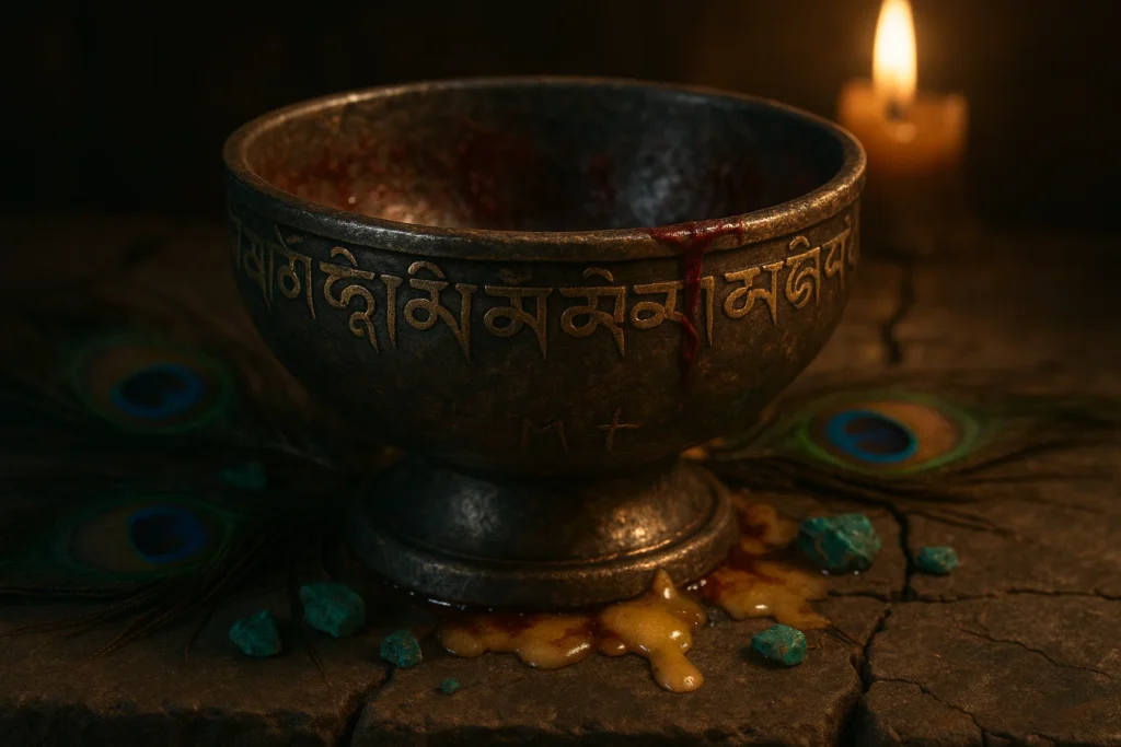 The Palden Lhamo intricate sigil centered on a iron chalice engraved with mantra symbols