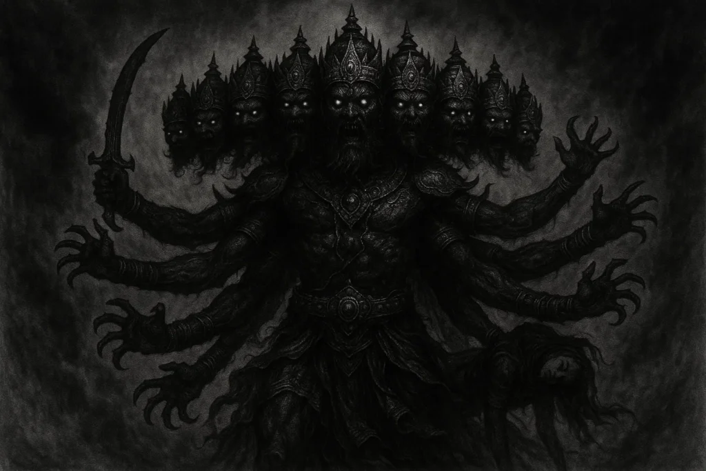 Gritty black and white illustration of Ravana standing over skulls.