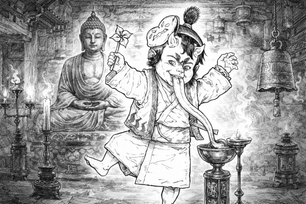 Detailed ink drawing of a horned infant yōkai licking oil from a temple lamp basin.