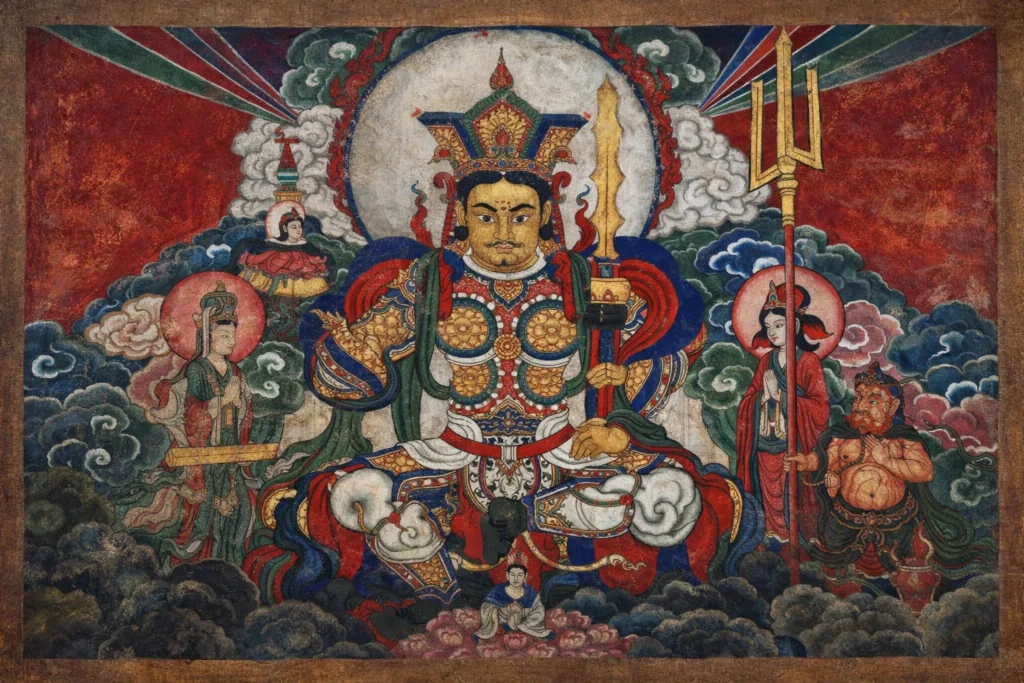 Vaisravana in golden armor holding a trident and stupa.