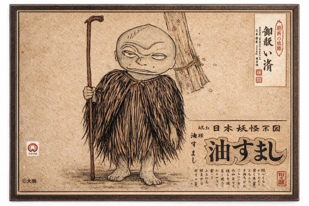 A traditional Japanese woodcut-style illustration of a yōkai in a straw cape holding a walking stick.