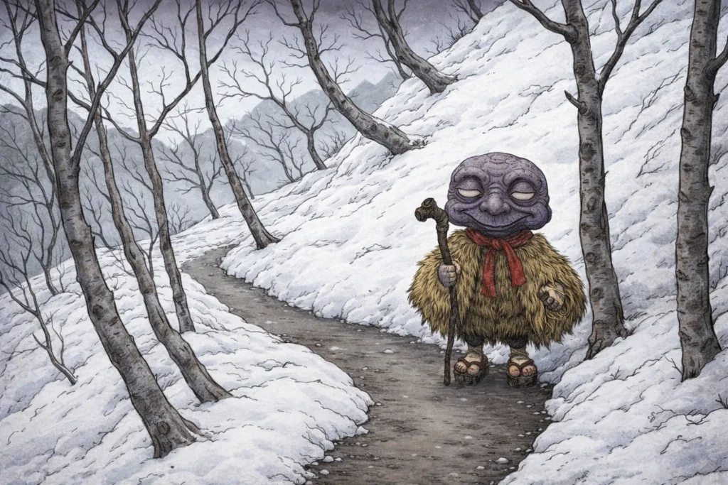 An illustration of a Abura-sumashi in a straw cape standing on a snowy mountain path.