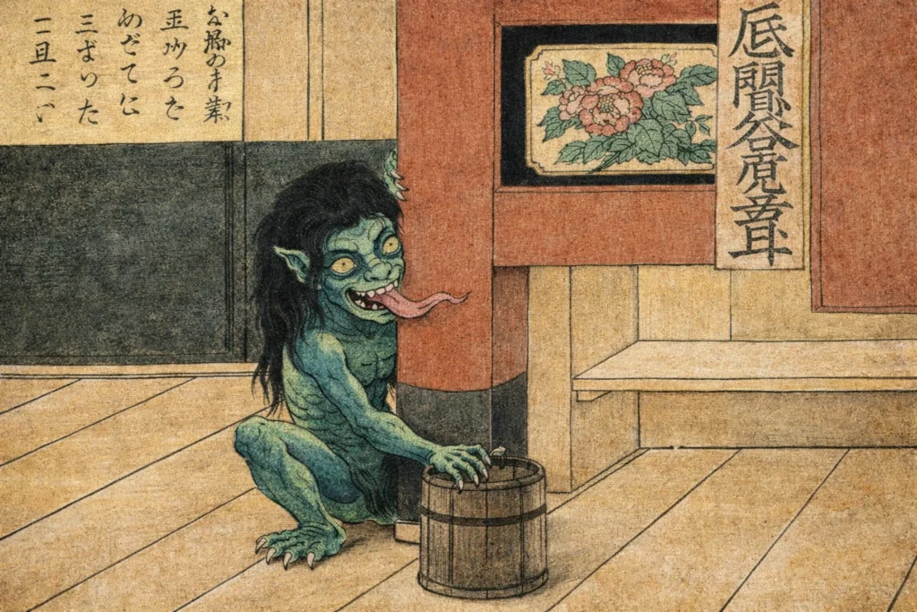 A mythological Japanese creature with emerald skin holding a small wooden bucket.