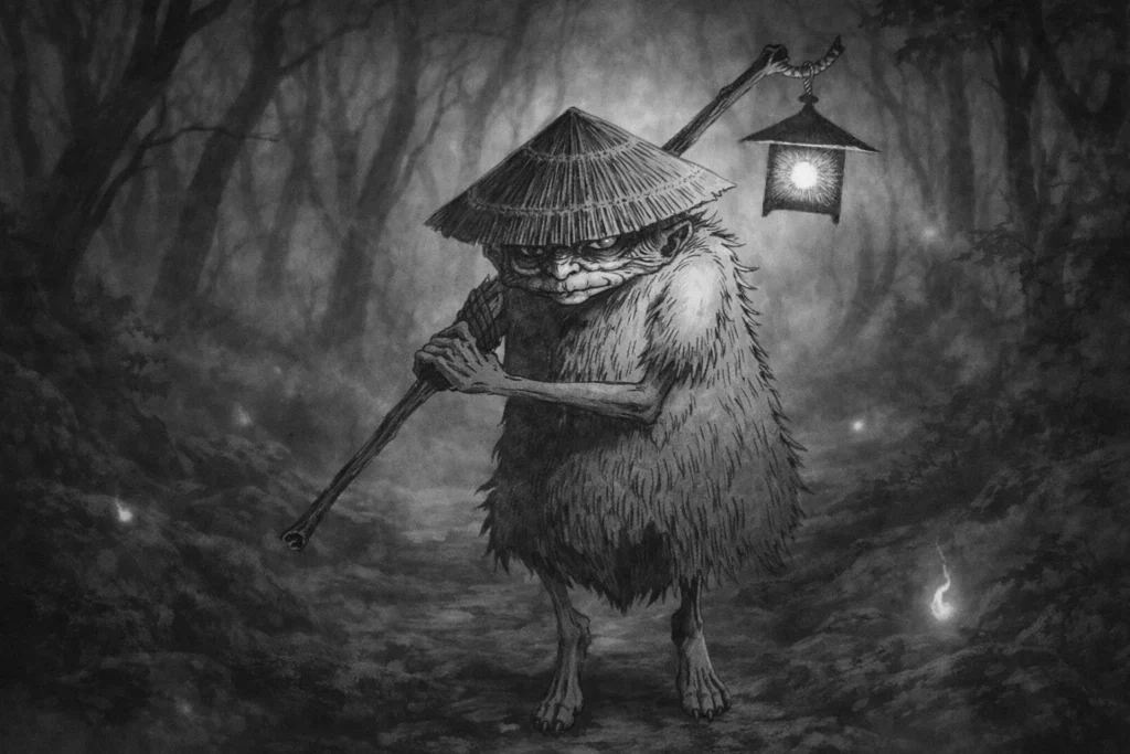 A black and white charcoal illustration of a small yokai carrying a lantern on a staff through a dark forest.