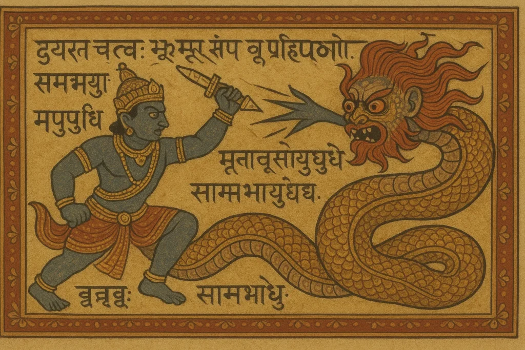 Folk art manuscript depicting the battle between Indra and the demon Vritra with ancient text.