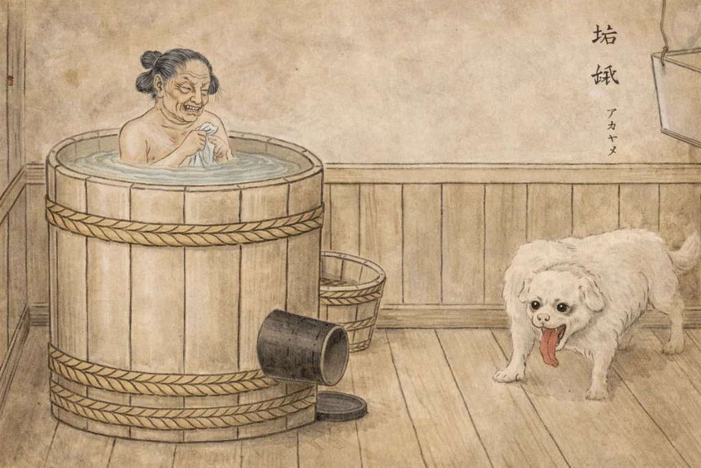 Edo-style painting of a person in a wooden bath being watched by a white dog.