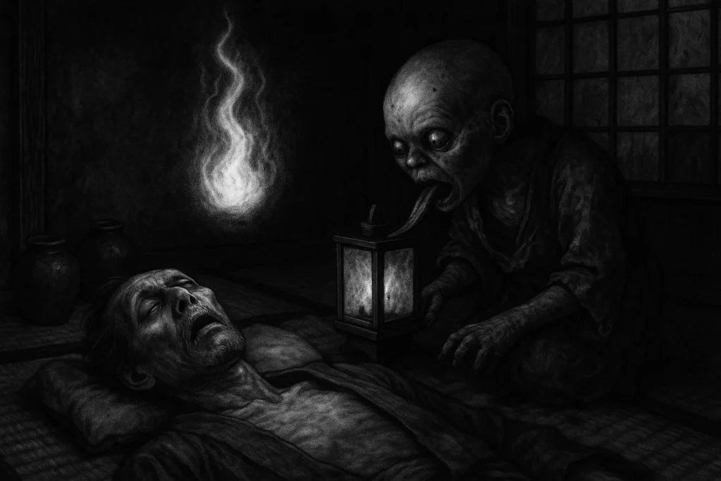 Edo-period merchant on his deathbed, surrounded by empty oil jars and a faintly glowing flame hovering above him