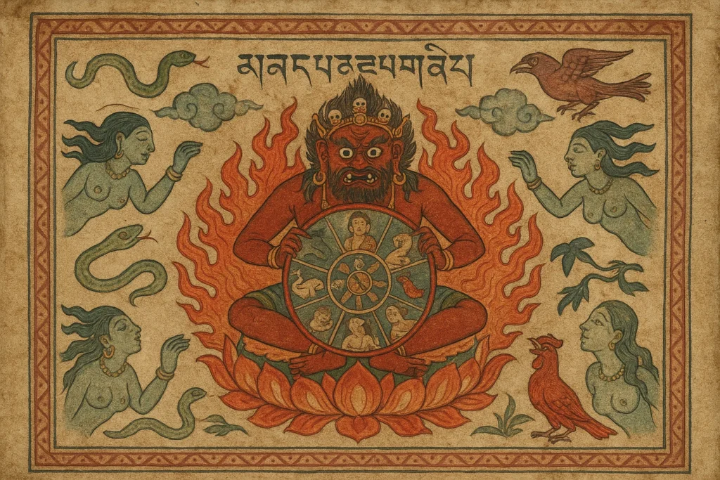 a medieval Tibetan-style thangka painting showing Mara as Lord of Death