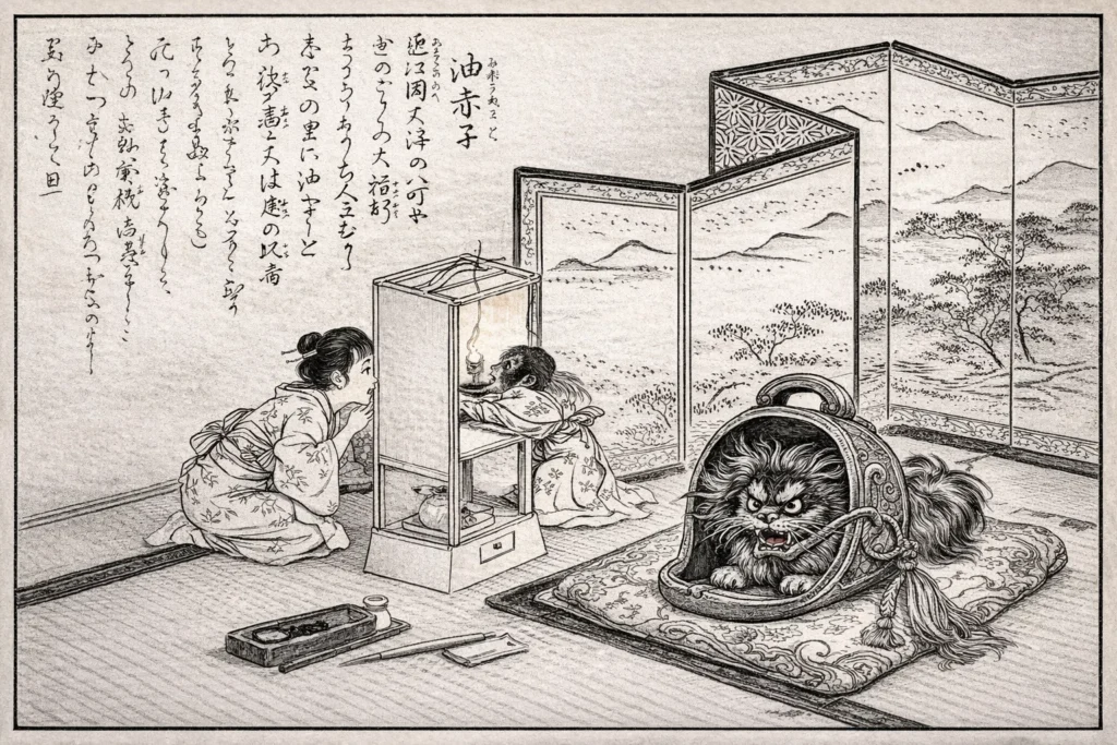 Traditional Japanese room illustration showing Abura-akago sneaking oil from a lantern.