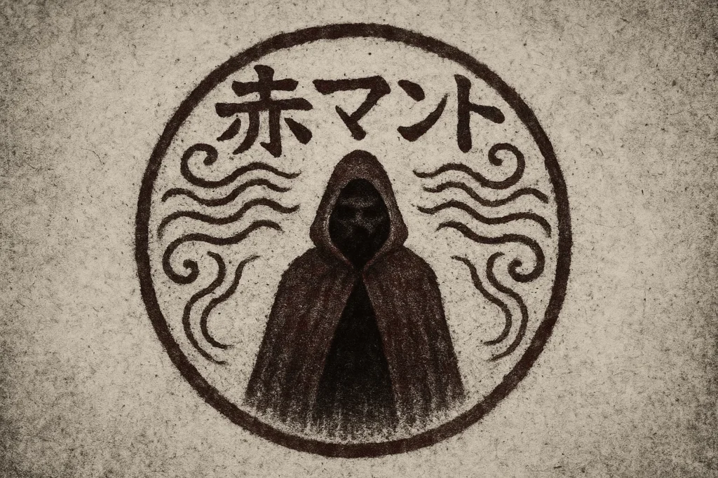 a circular red seal resembling a Japanese hanko, representing Aka Manto