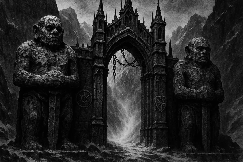 Two Yaksha statues guarding the crumbling gate of Vaiśravaṇa’s fortress