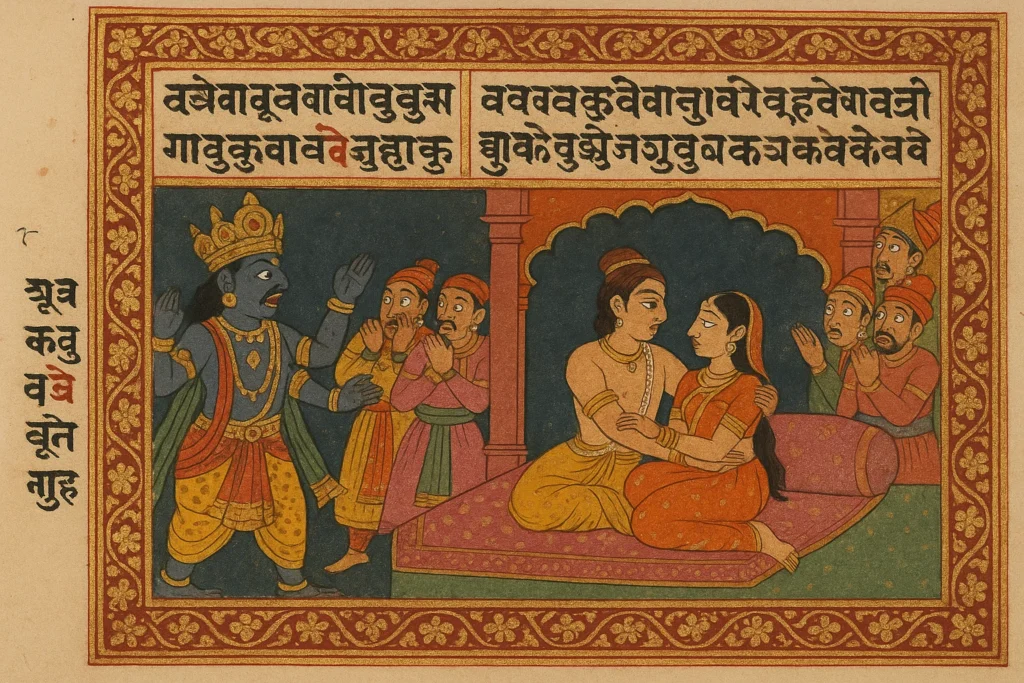 Traditional Indian miniature painting showing Usha and Aniruddha in a palace chamber