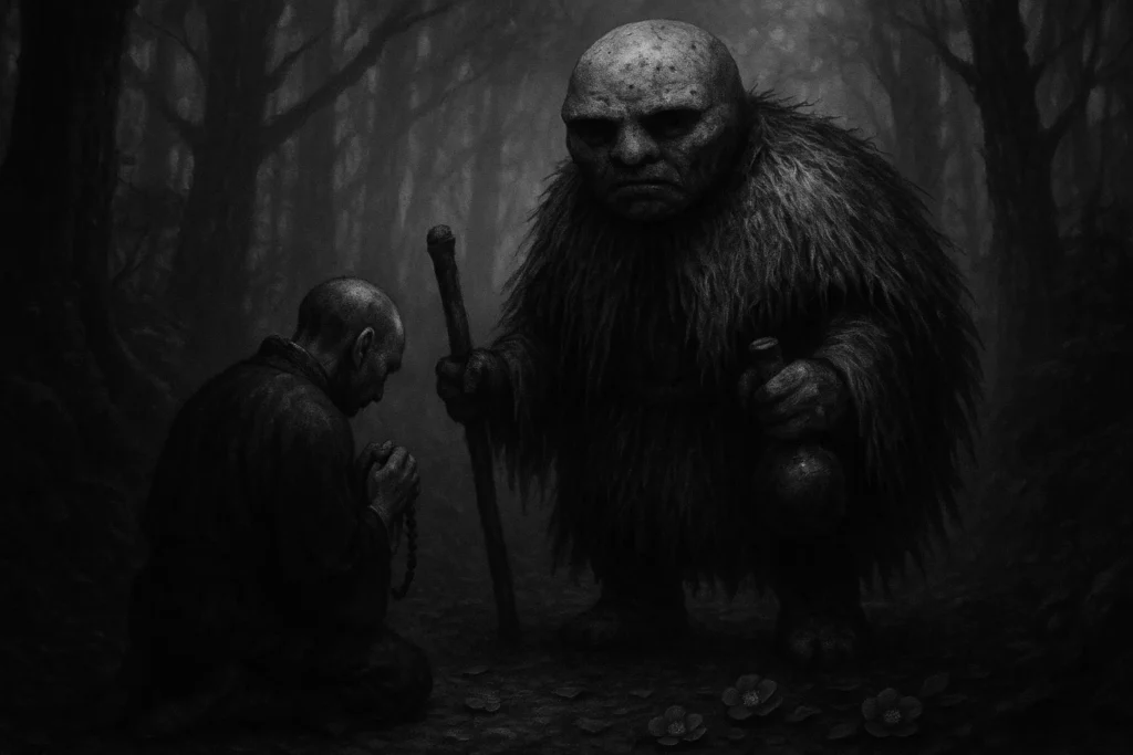 a lone pilgrim kneeling on a forest path, clutching prayer beads as the Abura-sumashi looms before him, its flask glinting
