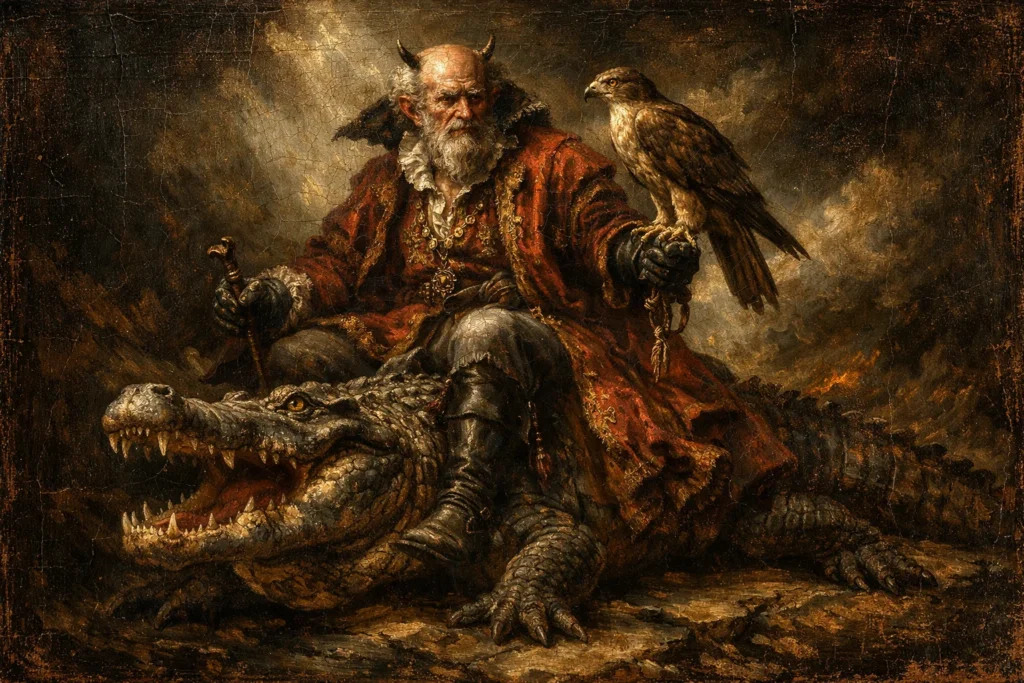 baroque oil painting of Agares, depicted as an elderly aristocratic demon riding a crocodile with a hawk perched on his hand