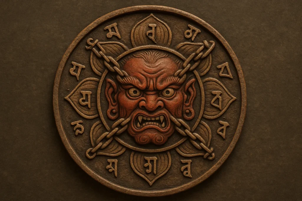 ancient Buddhist protective seal depicting Mara bound by chains of enlightenment