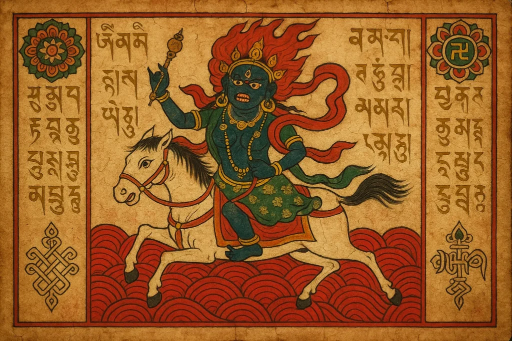 An aged parchment illuminated with hand-drawn ink lines depicting Palden Lhamo riding across a stylized sea of red waves