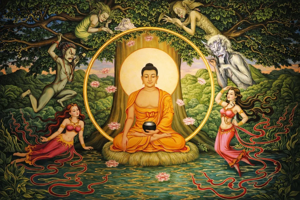 Buddhist painting of Buddha in meditation surrounded by monsters above and two beautiful women below.