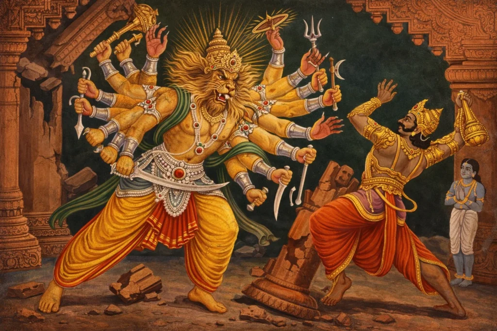 * A many-armed lion-headed warrior attacking a king next to a broken stone pillar.