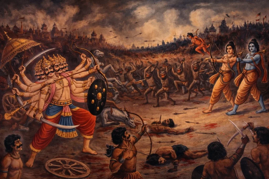 Large scale painting of the battle between Rama’s army and Ravana.