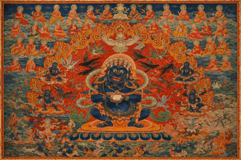 Intricate Tibetan thangka showing a central dark blue protector with a skull crown and fire halo.