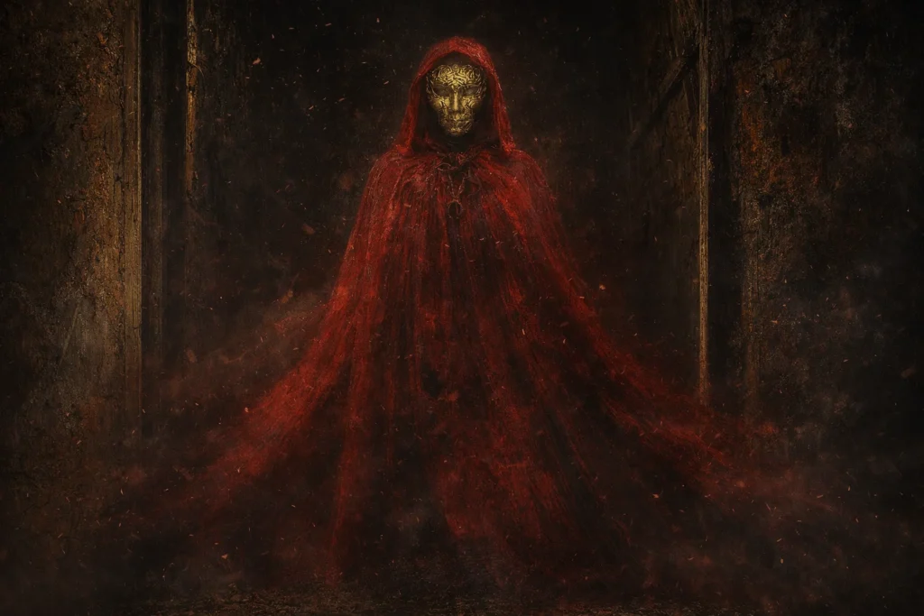 Aka Manto as an intricate golden masked figure shrouded in an expansive, dark red cloak.