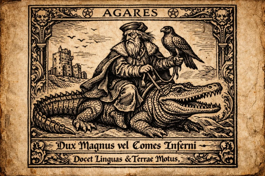 A medieval European woodcut illustration of the demon Agares, depicted as an old nobleman riding a crocodile while holding a hawk