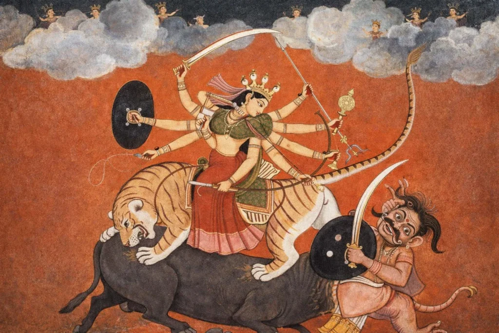 Durga and tiger slay buffalo as demon emerges.