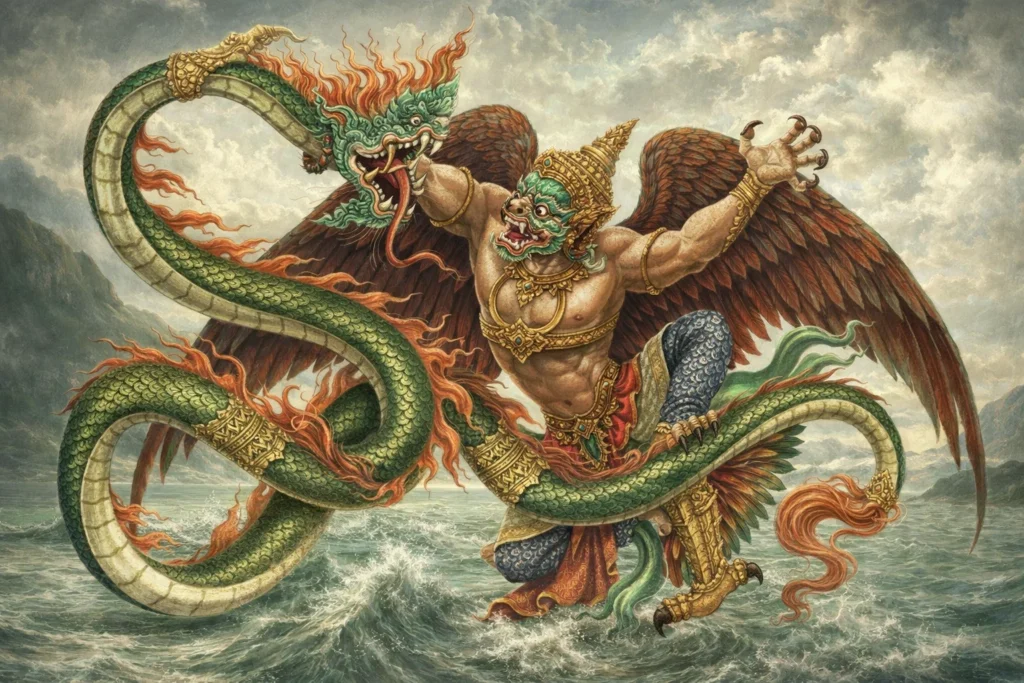 * A winged deity with a bird-like mask wrestling a giant green serpent in the ocean.