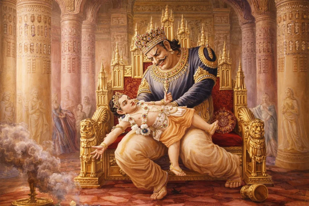 Classical painting of a crowned king sitting on a throne with a small boy on his lap.