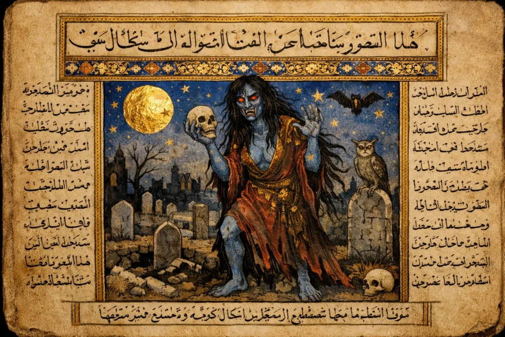 illustrated page from a 14th-century Kitab al-Bulhan (Book of Surprises) using gold leaf and lapis lazuli pigments. The illumination shows a "Witch of the Jinn" Ghul standing in a moonlit graveyard