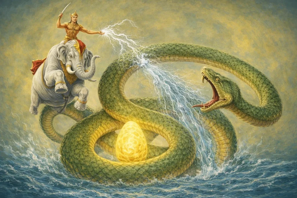 * Indra on a white elephant throwing lightning at a giant green serpent coiled around a golden egg.
