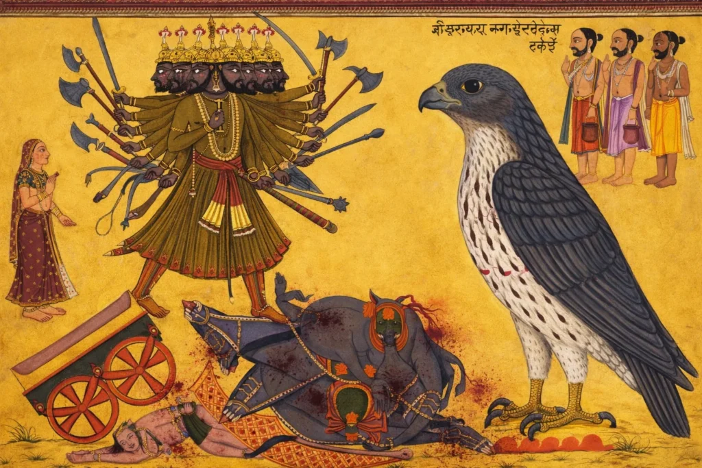 Ancient Indian miniature painting of Ravana fighting a giant hawk.