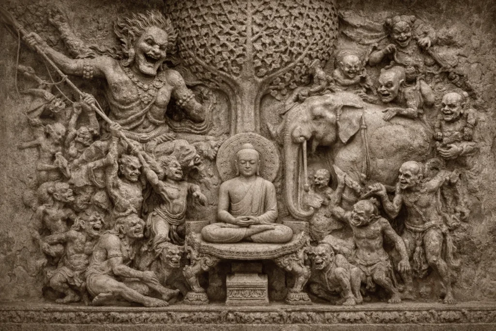 Stone relief carving of Buddha meditating while surrounded by Mara’s army and an elephant.