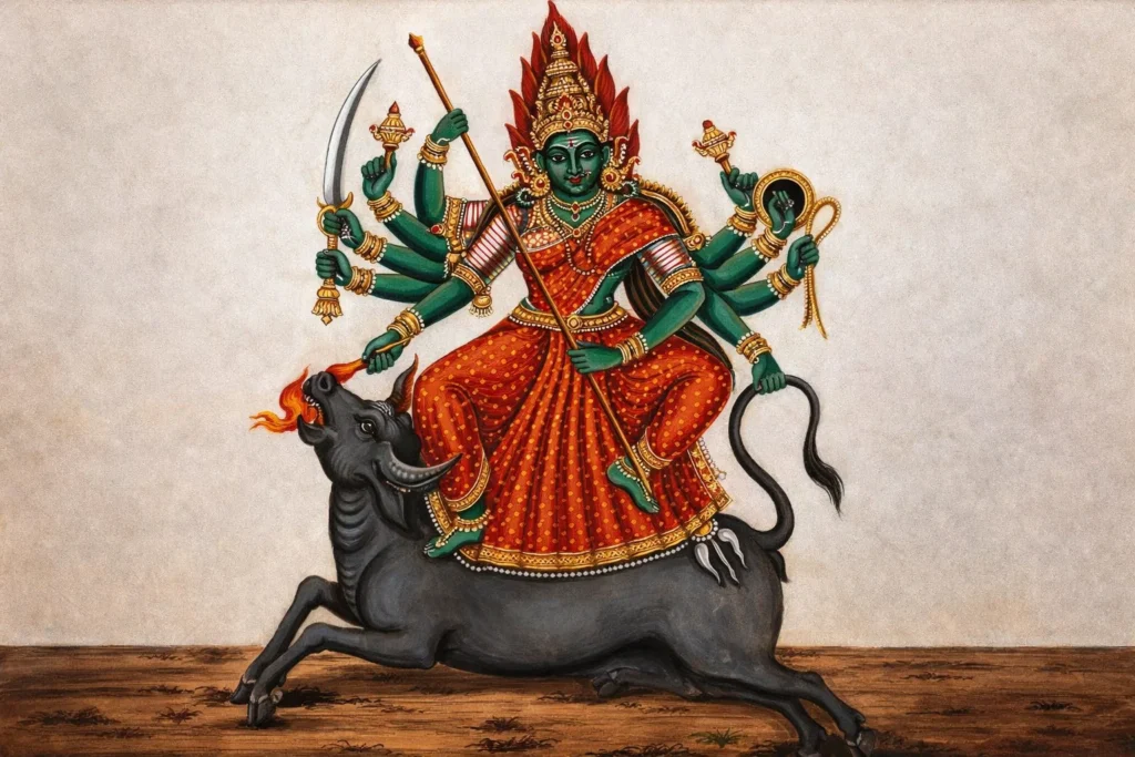 Demon Mahishasura as fire-spewing buffalo
