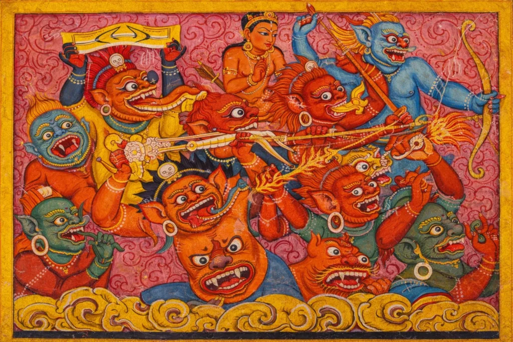 Colorful depiction of Mara’s diverse demonic army with multiple heads and weapons.